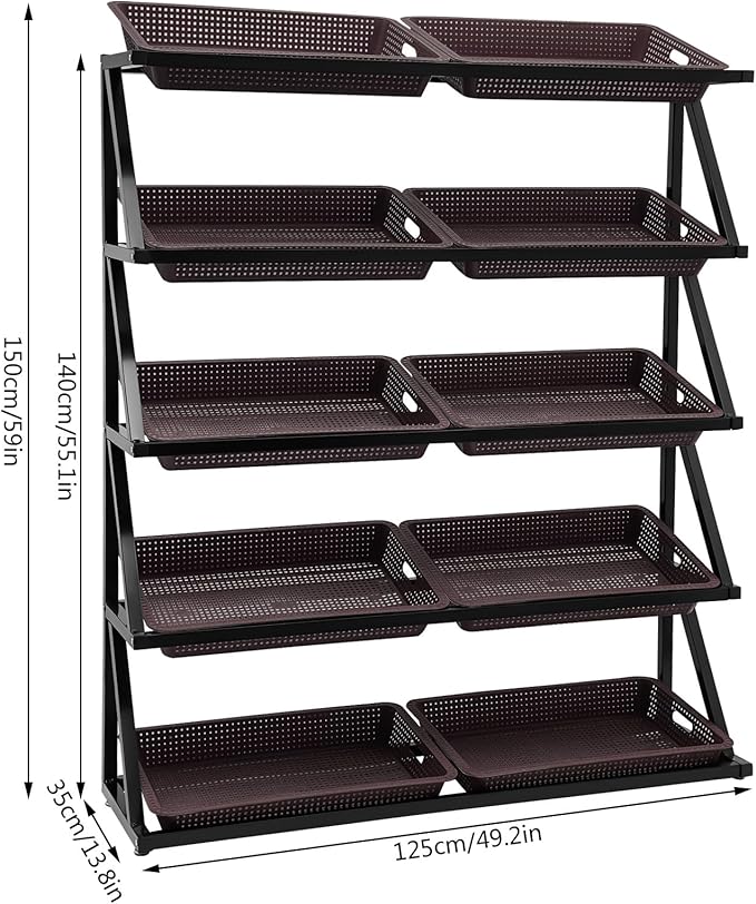 5 Tiers Retail Display Rack, Large Capacity Market Shelf Fruit and Vegetable Basket Stand Rack Set for Kitchen, Office, Store, Supremarket Utility Storage Shelves