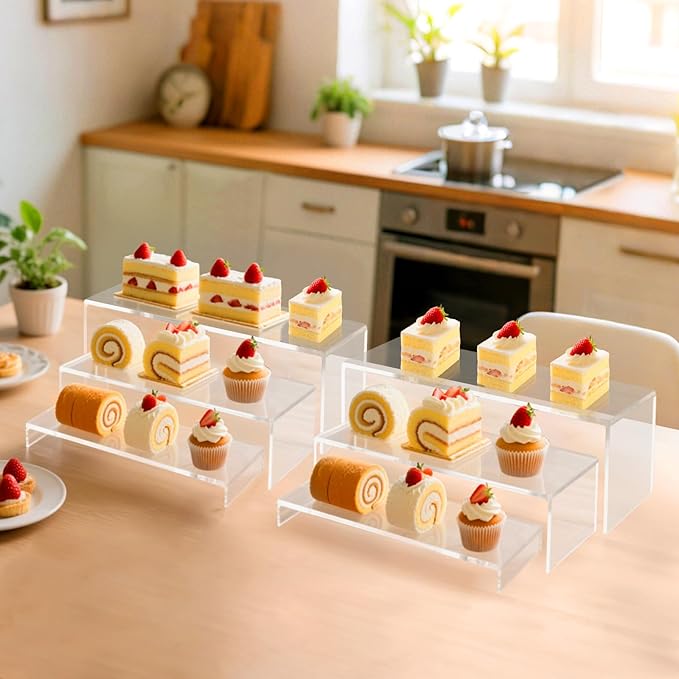 Acrylic Display Riser Stand,6Pcs 12'' Length Tier Display Stands, Thickened to 0.2''(5mm) Acrylic Shelf Risers for Perfume Display,Risers for Buffet Table,Cupcake Stand,Pop Figurines,Tumbler,Food