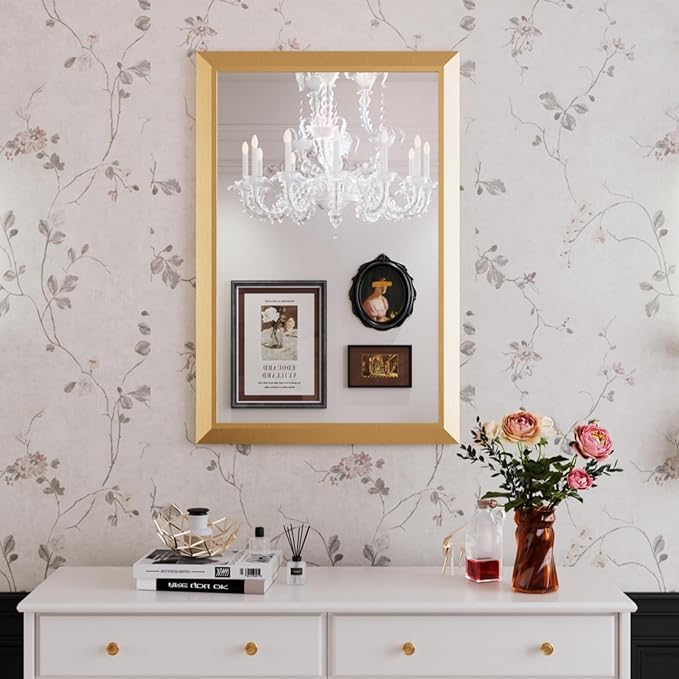 Amorho Bathroom Mirror, 24x36 Inch Golden Thick Metal Framed Wall Mirrors for Over Sink, Wall-Mounted Mirrors Perfect for Bedroom, Living Room, Entryway, Rectangle (Horizontal/Vertical).