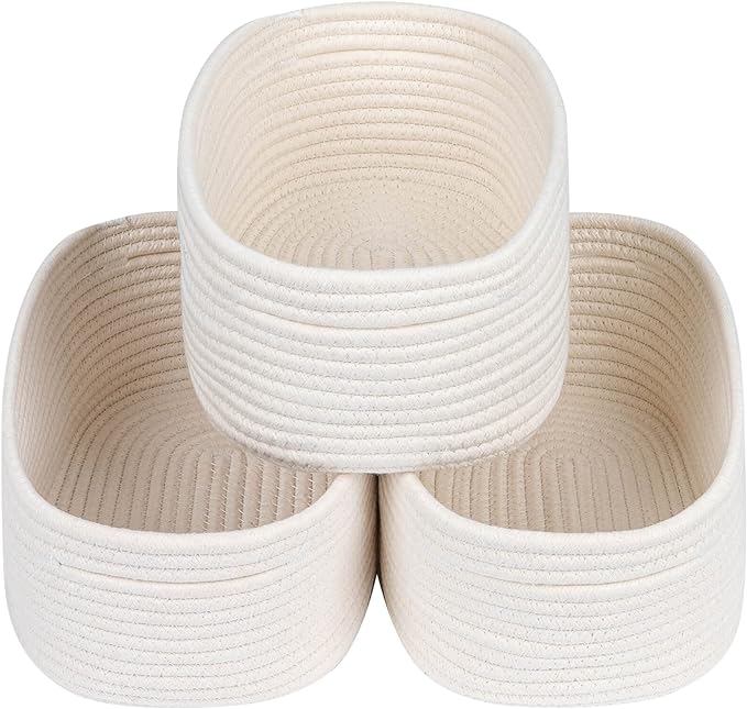 CubesLand Off White Small Storage Baskets for Shelves, Closet Organization Storage Bins Empty Gift Basket Baby Nursery Woven Baskets for Organizing, Rectangular Clothes Closet Shelves Baskets 3 Packs