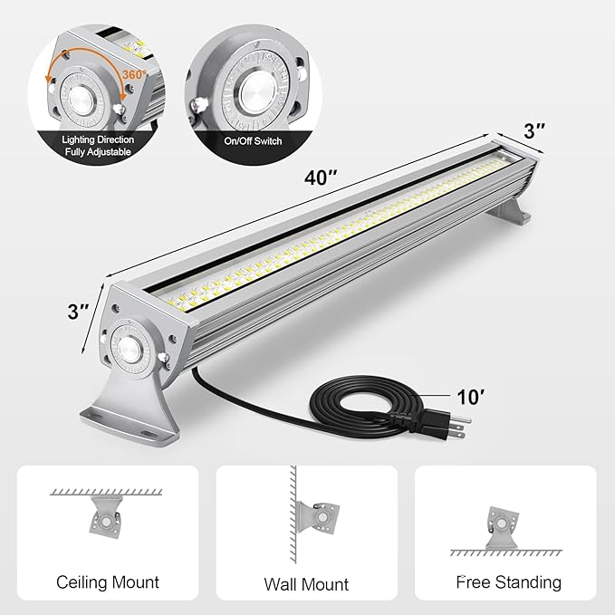 100W LED Work Light Bar, 12000LM 5700K, 110°Beam Angle Floodlight Waterproof 40in Linear Shop Light with On/Off Switch, Adjustable Bracket, 10ft Cable for Warehouse, Garage, Shop, Factory (Silver)