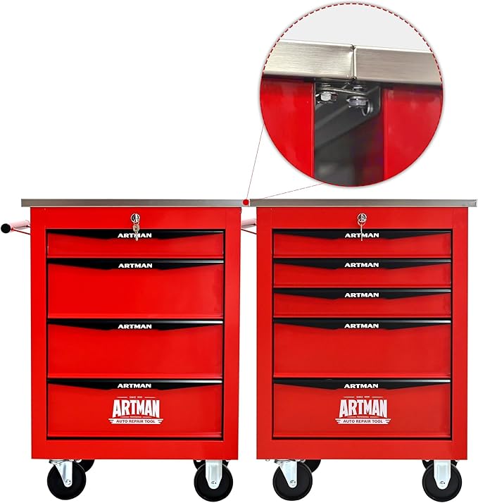 4-Drawer Heavy-Duty Rolling Tool Chest with Wheels & Steel Roof, Lockable Tool Chest Storage Cabinet for Garage, Workshop, Warehouse, and Repair Shop