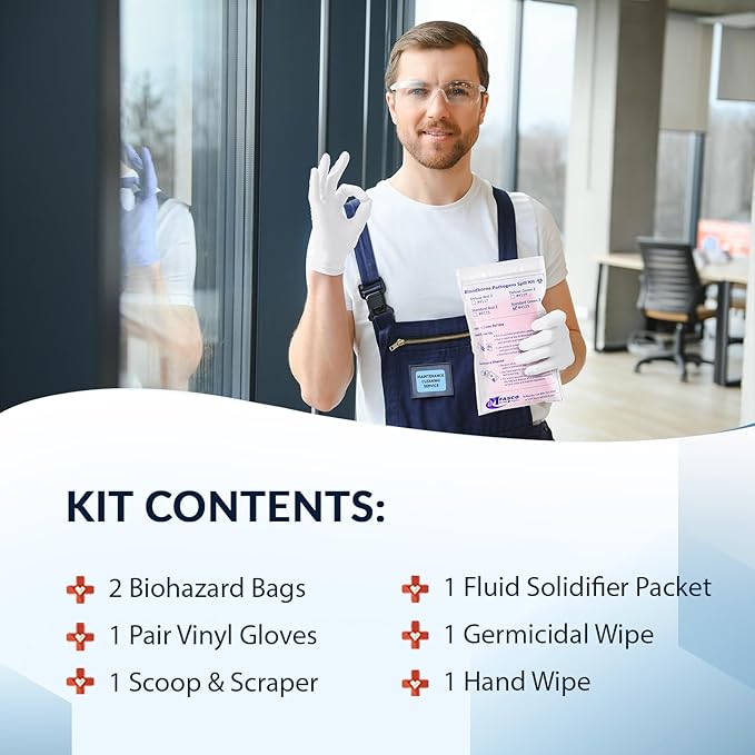 MFASCO Bloodborne Pathogens Spill Kit - Cleaning Bag, Disposable Vomit Clean Up Kit for Restaurants, Safety for Bodily Fluids, Blood, Latex Free, First Aid, Non-Chlorinated Fluid Urine Solidifier