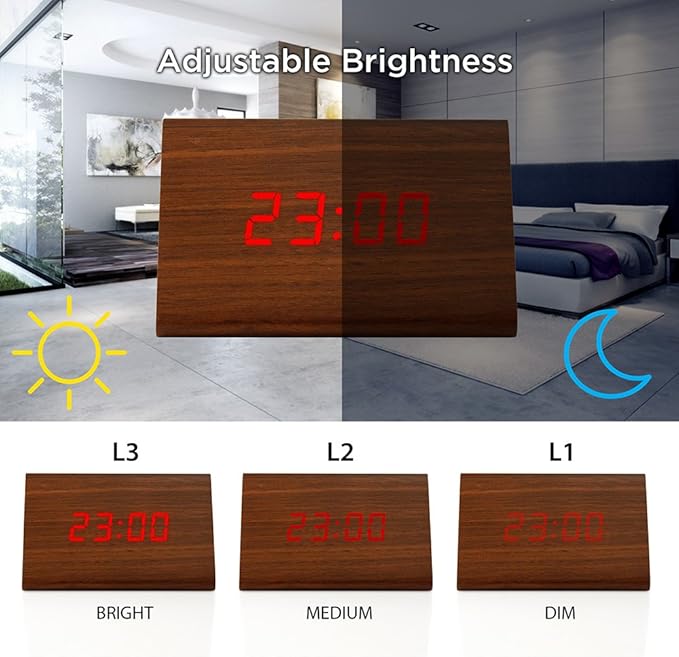 GEARONIC Digital Alarm Clock Wooden Alarm Clock Wood Modern Triangle Alarm Digital Desk Clock, Displays Time Date Temperature Calendar Wood Made Electric Clocks for Bedroom, Bedside - Brown
