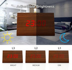 OCT17 Wooden Wood Clock, New Version LED Alarm Digital Desk Clock Adjustable Brightness, Alarm Time, Displays Time Date Temperature - Brown
