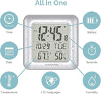 KADAMS Bathroom Clock 9.5" Kitchen Wall Clock with Large LCD Screen – Shower Clock with Suction Cup,Temperature, Humidity, Calendar – Water-Resistant, 4 Mounting Options, Silver