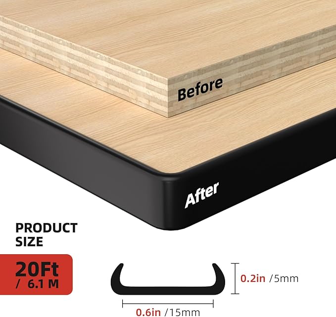 U-Shape Edge Banding, 0.6 inch x 20ft Edge TPE Self Adhesive Veneer Edging Trim Flexible Edge Protector, Strip for Countertop Cabinets Table Restoration Shelves, Black