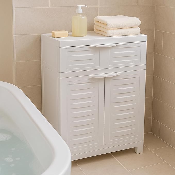 Sunnydaze Plastic Garage Storage Cabinet with Adjustable Shelf - 34.5" H - Garage, Office, Home, Laundry Room - Speckled White
