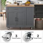 43.3" Rolling Kitchen Island Cart with Drop Leaf & Storage - Mobile Kitchen Organizer with Wheels, Rubberwood Top, Trash Bin Cabinet & Towel Rack, Farmhouse Style for Small Spaces Grey