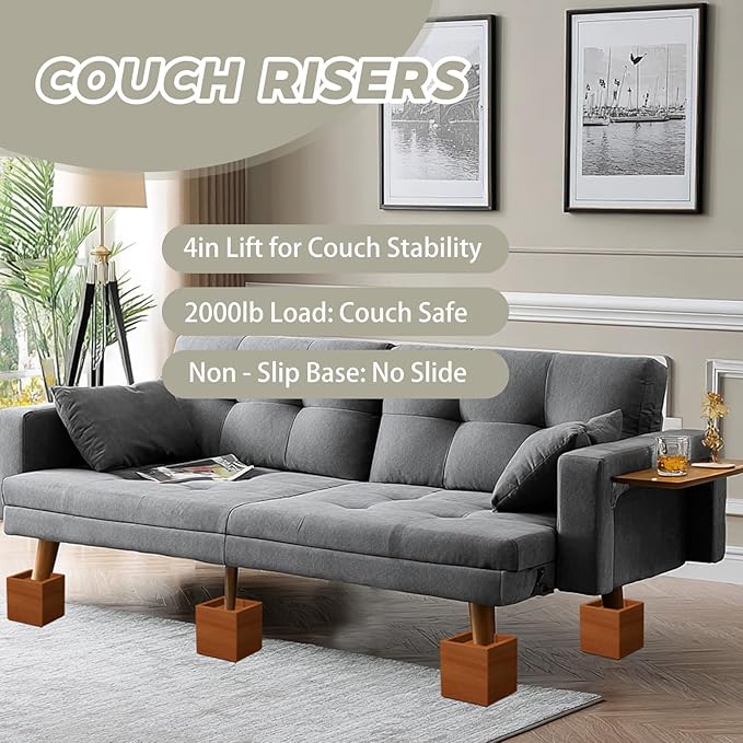 4-Inch Solid Pine Furniture Risers – 2000LBS Capacity, Tool-Free Install, Natural Wood Design for Beds, Sofas & Desks (4 Inch)