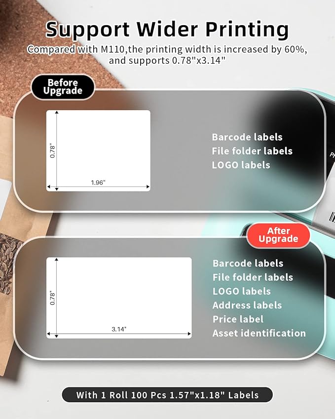 Phomemo M220 Label Maker, New Flagship 3.14 Inch Bluetooth Thermal Label Printer for Barcode, Address, Labeling, Mailing, File Folder, Portable Maker Easy to Use, Support with Smart Phone&PC