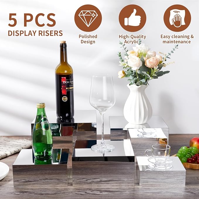 Acrylic Risers for Display 5 Pcs, Food Risers for Party Silver Display Stands Box Nesting Display for Jewelry Bag Cosmetics Catering Dessert Collectibles