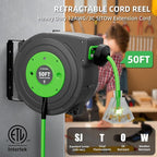 50 FT Retractable Extension Cord Reel, Heavy Duty 12AWG/3C SJTOW Power Cord, Lighted Triple Tap, 15A Circuit Breaker, Wall/Ceiling Mount Electric Cord Reel for Garage & Workshop, ETL Listed, Green