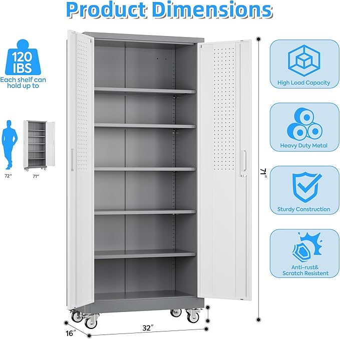 Metal Garage Storage Cabinet with Wheels, 71" H×32" W×16" D Metal Storage Cabinet with 5 Adjustable Shelves,Pegboard and Lockable Doors for Garage Home Office Utility Room,Required Assembly