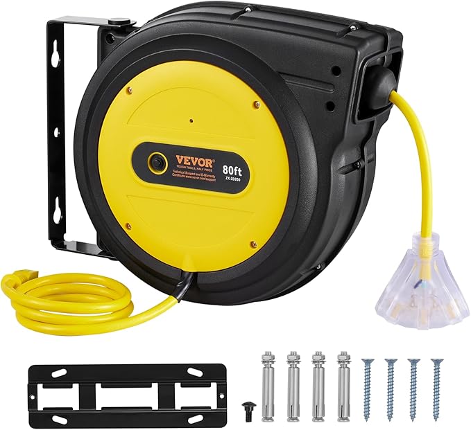 VEVOR 80FT Retractable Extension Cord Reel, 12AWG/3C SJTOW Heavy Duty Power Cord w/Lighted Electrical Triple Tap Outlets, 15A Circuit Breaker,180° Swivel Bracket for Workshop or Garage, Yellow