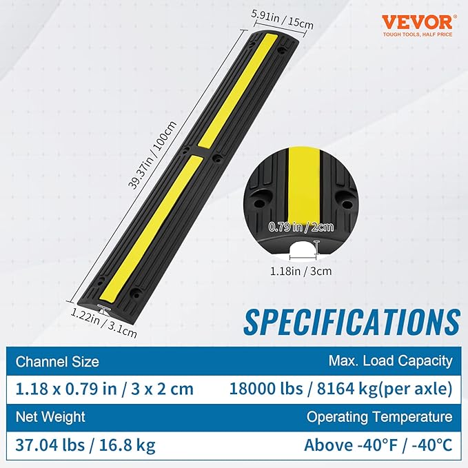 VEVOR 3.28 ft Cable Protector Ramp, 4 Pack of 1 Channel, 18000 lbs/axle Capacity Heavy Duty Rubber Speed Bumps, Floor Cord Cable Protector Wire Cover, for Residential Areas, Private Garages, Gardens
