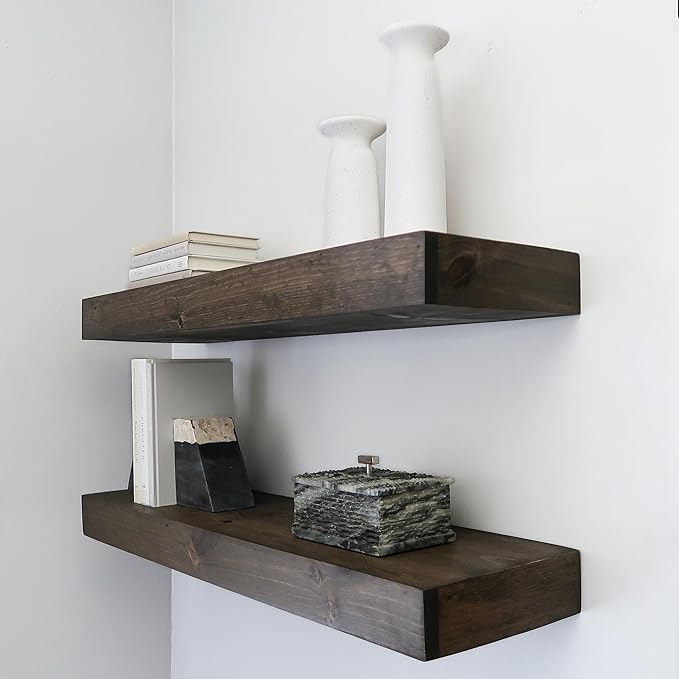 Urbandi Modern Floating Shelves 3 Inches Thick for Wall, Wide Shelves for Kitchen, Living Room, Bedroom, and Bathroom, Natural Pine Wood, Rustic Wooden Shelf, (Set of 2) (Jacobean, 24Lx3Hx8D)