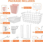 Pegboard Basket Organizers, Peg Board Large Baskets Hooks Bins Cups Tool Organizer 42 Pack Set, Wall Storage Display Hanging Accessories for Craft Office Stadio Shed Garage Organization (White & Pink)