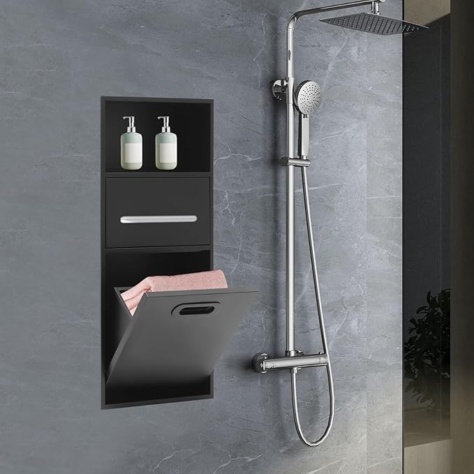 Stainless Steel Shower Niche with Trash Can Stainless Recessed Storage Cabinet Black 26 * 11.8 No Tile Needed Wall Niche Recessed Toilet Paper Holder for Kitchen Living Room Bedroom Hotel