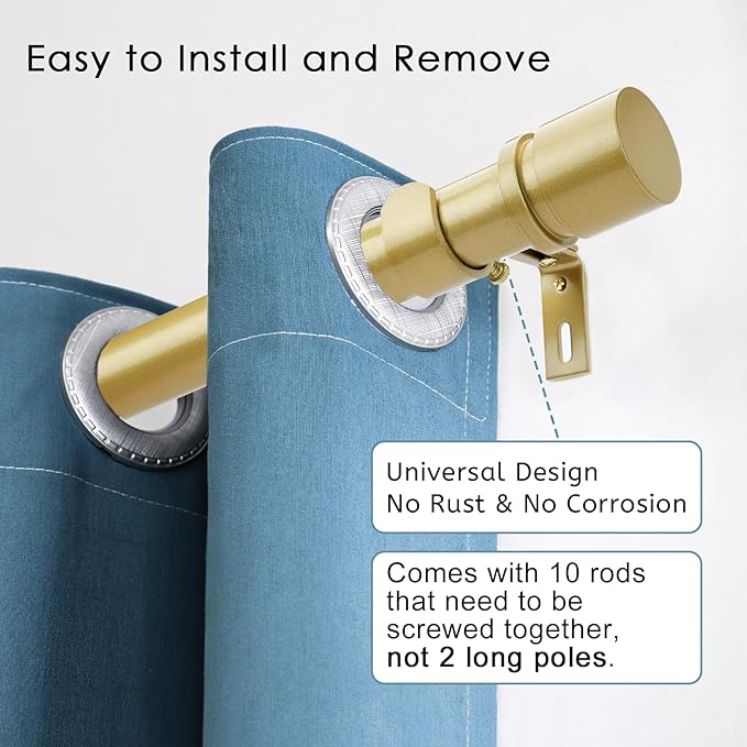Curtain Rods for Windows 16 to 170 Inches Adjustable Length 1 Inch Diameter Window Curtain Rod with Aluminium Finials, Flash Gold