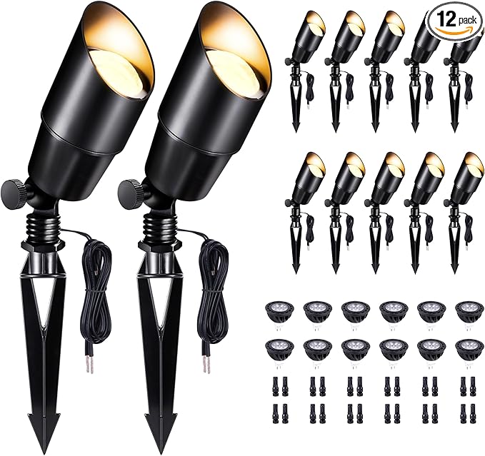 Black Outdoor LED Landscape Lights, 12V Low Voltage, Waterproof Aluminum Spotlights for Home Patio Backyard with 5W MR16 Bulb 5000K 12 Pack