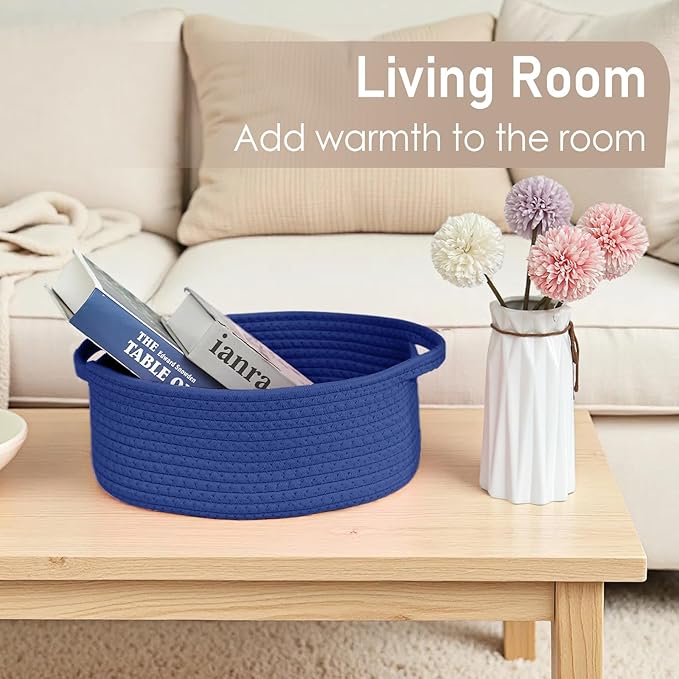 Woven Basket,Small Rope Storage Bin with Handles & Ribbon Bag, Organizer for Shelves Closets,Gift Basket Empty for Birthday,Books,Dog Toys, Navy Blue