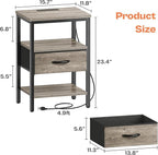 SUPERJARE Nightstand with Charging Station, Bed Side Table with Adjustable Fabric Drawer, Night Stand for Bedroom, 3-Tier Storage End Table, for Living Room, Oak