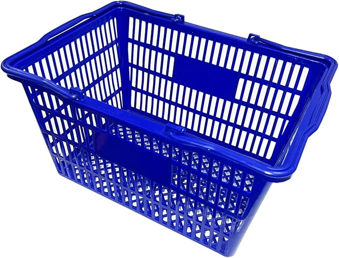 Stackable Plastic Shopping Baskets, Red and Blue, Easy-Grip Handles for Grocery, Retail, Liquor Stores, Home Use (6-pack, Blue)