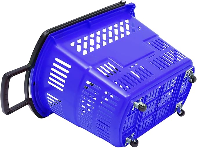 12PCS Plastic Shopping Basket with Handles & Wheels, 35L Rolling Shopping Carts, Grocery Basket with 4 Wheels and Handle, Portable Shopping Baskets for Retail Stores, Supermarkets (12PCS - Blue)