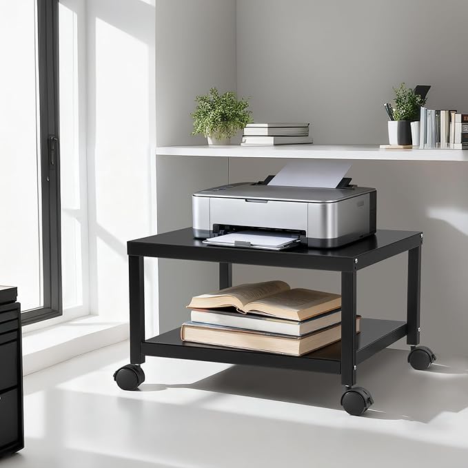 Under Desk Printer Stand with Wheels, 2-Tier Heavy Duty Rolling Cart with Storage Shelf, Industrial Printer Table for Printer, Scanner, Home, Office, Black