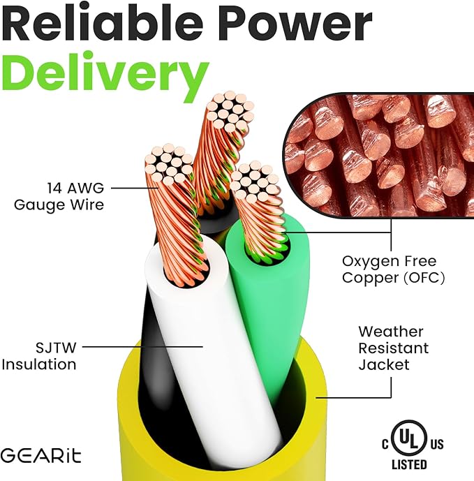 GEARit Outdoor 14 AWG Gauge 3 Prong Plug 100 Foot Extension Cord, Power Cord for Lawn, Garden, Appliances, 14/3, SJTW Heavy Duty for Indoor/Outdoor, All Purpose Weather Resistant, 100 Feet, Yellow
