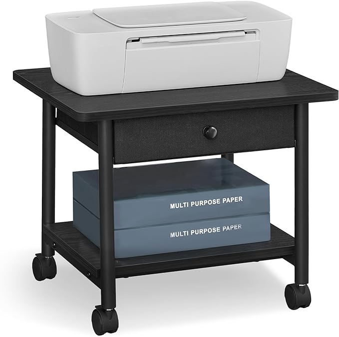 VASAGLE Heavy-Duty Printer Stand with Locking Wheels, 2-Tier with Drawer Industrial Mobile Cart with Storage Shelf, Printer Table for Home, Office, 15.6" Height, Ebony Black UOPS004B56