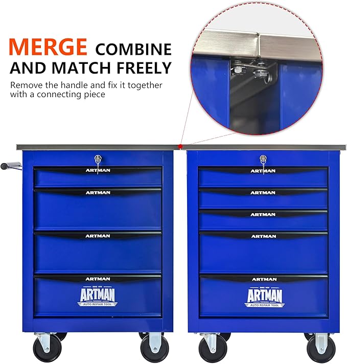 5 Drawers Tool Cart on Wheels with Stainless Steel Worktop, Heavy Duty Mobile Rolling Drawer Tool Chest with Locking Wheels & Lockable Drawers, Garage Tool Storage Cabinet (Blue, 5 Drawers)