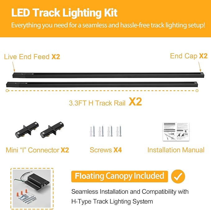 VANoopee 6.6FT H Track Lighting Rails Black, H Type Track Lighting Kit with Floating Canopy Connector, End Caps, Live End Feeds, I Connectors, Compatible with Single Circuit H Style Track System