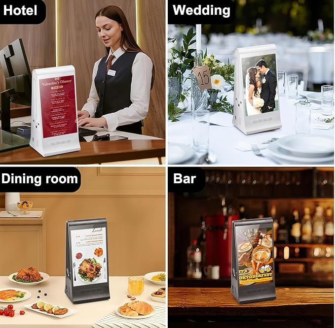 Digital Signage Display for Tabletop ,Interactive Digital Signage with Double 8 inch LCD Touch Screen and WIFI Connected,Rechargeable 23200mAh Battery,Portable Advertising Kiosk for Restaurants,Bar, Hotel ,Cafe (White)