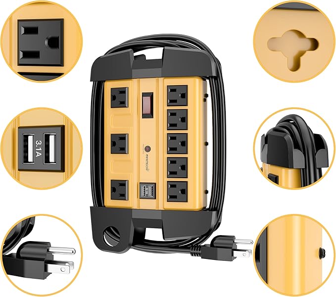 8 Outlets Heavy Duty Surge Protector Power Strip with 2 USB Ports,1800 Joules 9 Feet Power Cord and Wide Spaced for Office,Workspace,Factory,School,ETL Listed.