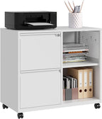 SISESOL 2 Drawer File Cabinet with Lock and Shelf,Mobile Lateral Filing Cabinet,Metal File Organizer Cabinet with Open Storage Shelves for Home Office Fit Legal/Letter A4 Size