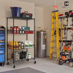 CAPHAUS NSF Commercial Heavy Duty 4 Tier Wire Shelving with Two Trapezoid Baskets, Wheels, Leveling Feet, Black Storage Shelf for Basement Garage and Utility Storage