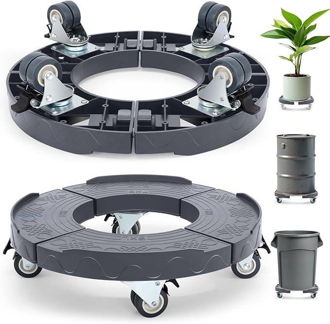 Trash Can Dolly Wheels, Adjustable 15-19 Inch Round Roller with Locking Wheels 440 LBS Heavy Duty Drum Cart Multi Function Rolling Dollies Stand Plant Caddy(2 Packs, Grey)