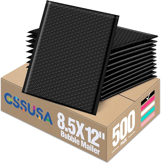 GSSUSA Black Bubble Mailers 8.5X12 Inches 500 Pack, Padded Poly Bubble Mailer, Large padded Envelopes Strong Adhesion Bubble Envelopes,Self-Seal Mailing Envelopes for Small Business,Package Supplies