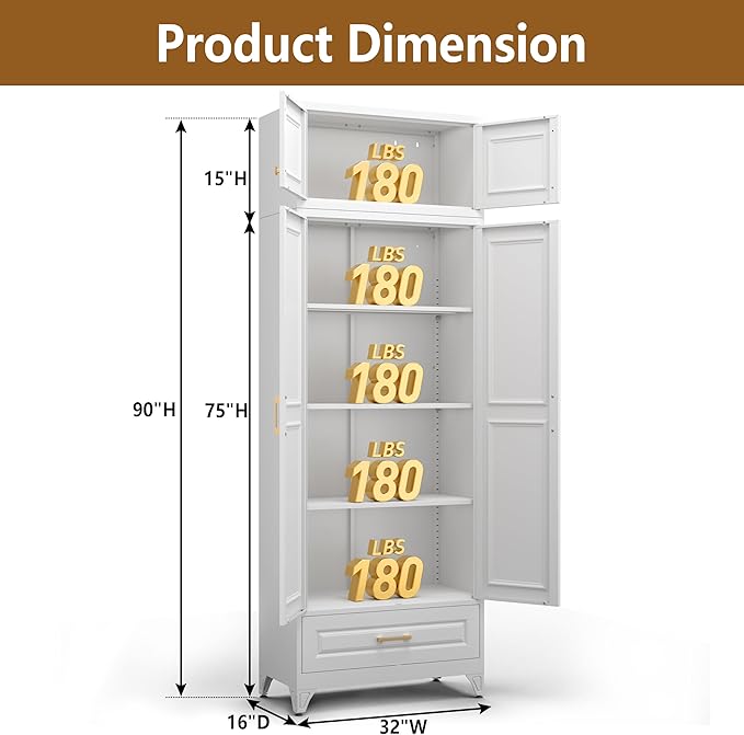 Kitchen Pantry Cabinet, Metal Storage Cabinet with One Drawer, 90" Tall Pantry cabinets with Doors and Shelves, for Living Room, Dining, White,16" D x 32" W x 90" H, Assembly Required