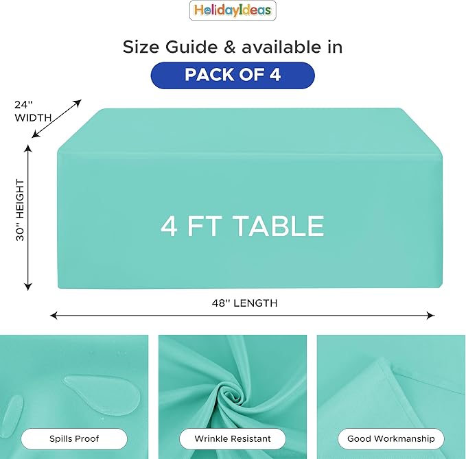 HolidayIdeas Fitted Tablecloths for 4 Foot Rectangle Table, Wrinkle Resistant Washable Table Cover 24x48 Inch for Vendor Booth Display, Banquet, Trade Show, Aqua, 4 Pcs