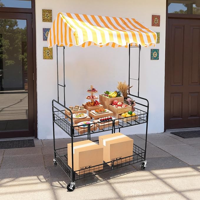 Business Mobile Catering Cart Foldable Outdoor Portable Market Street Food Vendor Stalls with Yellow White Canopy Stall Trolley for Outdoor Vending Sale Display