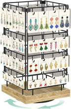 EsLuker.ly Rotating Earring Display Holder Stand for Vendors Events Selling, Large Capacity 64 Hooks Jewelry Rack with Wooden Base for Earring Card Sales, Enhances Retail Display Visibility