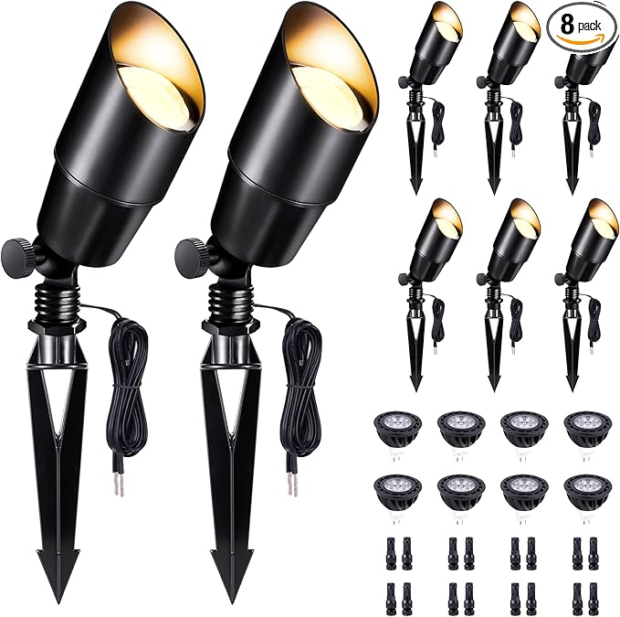 Black Outdoor Landscape Spotlights, LED Low Voltage Spot Light, Modern IP65 Waterproof Aluminum Fence Light for Yard Home Wall with 5W MR16 Bulb 5000K 8 Pack