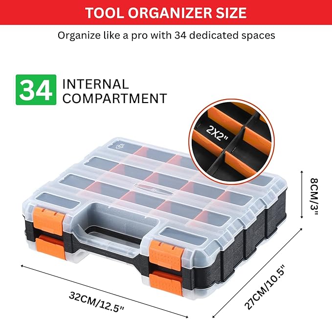 Andalus Tools Organizer Box, Small Parts Storage 34-Compartment Double-Sided Portable Hardware Organizer Removable Plastic Dividers for Screws, Nuts, Bolts, Nails – Orange (1 Pack, 12.5" x 10.5" x 3")