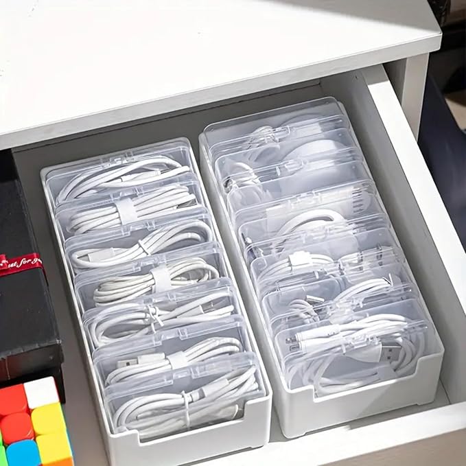 RayHenry Cable Organizer Box with 7 Clear Switch Case, Desktop Charger Cord Storage Organizer Box for Home Office Desk Accessories Wire Organization Stationery Supplies (white)