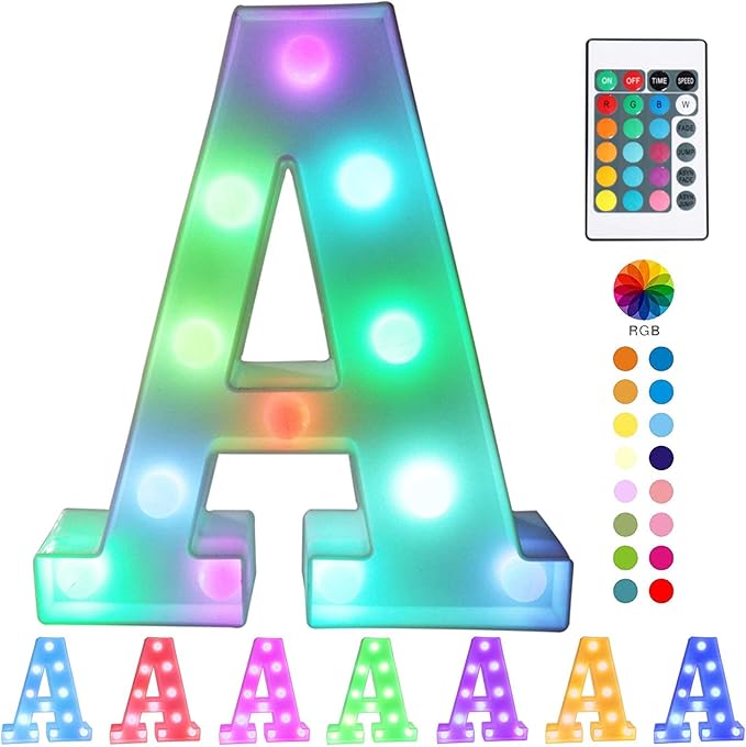 Pooqla Colorful LED Marquee Letter Lights with Remote – Light Up Marquee Signs – Party Bar Letters with Lights Decorations for the Home - Multicolor A