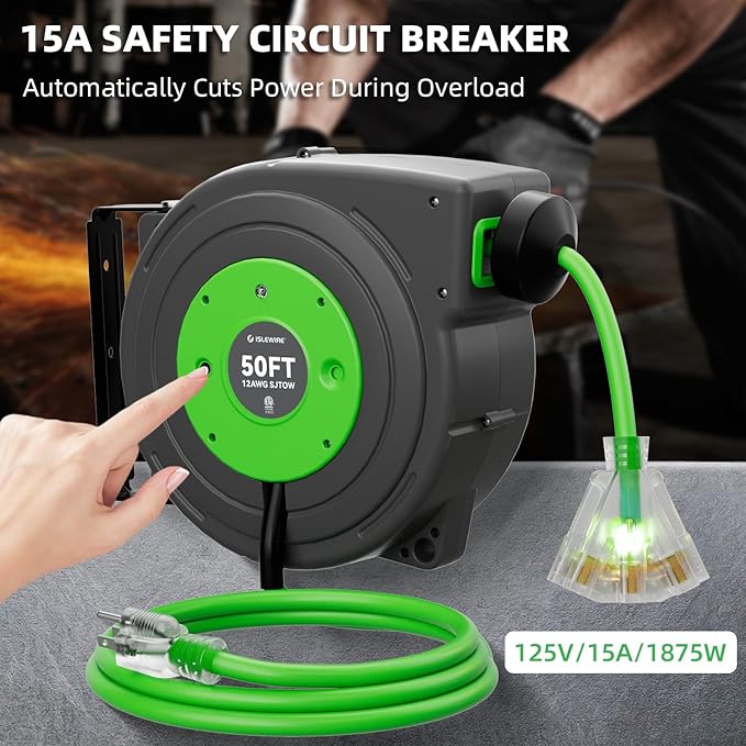 50 FT Retractable Extension Cord Reel, Heavy Duty 12AWG/3C SJTOW Power Cord, Lighted Triple Tap, 15A Circuit Breaker, Wall/Ceiling Mount Electric Cord Reel for Garage & Workshop, ETL Listed, Green