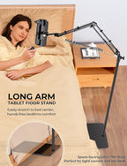 Tryone Tablet Floor Stand for Kindle Holder: E-Book Bed Mount with Page Turner Remote & Flexible Adjustable Arm, 1.85 kg Heavy-Duty Metal Base Compatible with Devices from 4.7-16.1 inches (Black)
